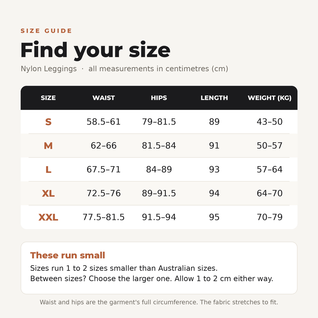 Nylon leggings size guide in centimetres: sizes S to XXL with waist, hips, length and weight